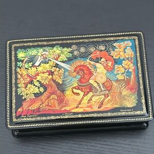 Russian Black Lacquer Whimsical Folk Lore Hand Painted Hinged VTG Trinket Box